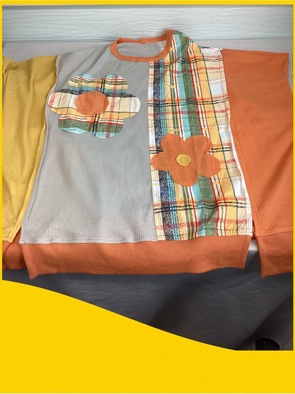 Patchwork Plaid Floral Appliqué Pullover - Sage, Mustard & Rust oversized top.33 - Picture 6 of 7
